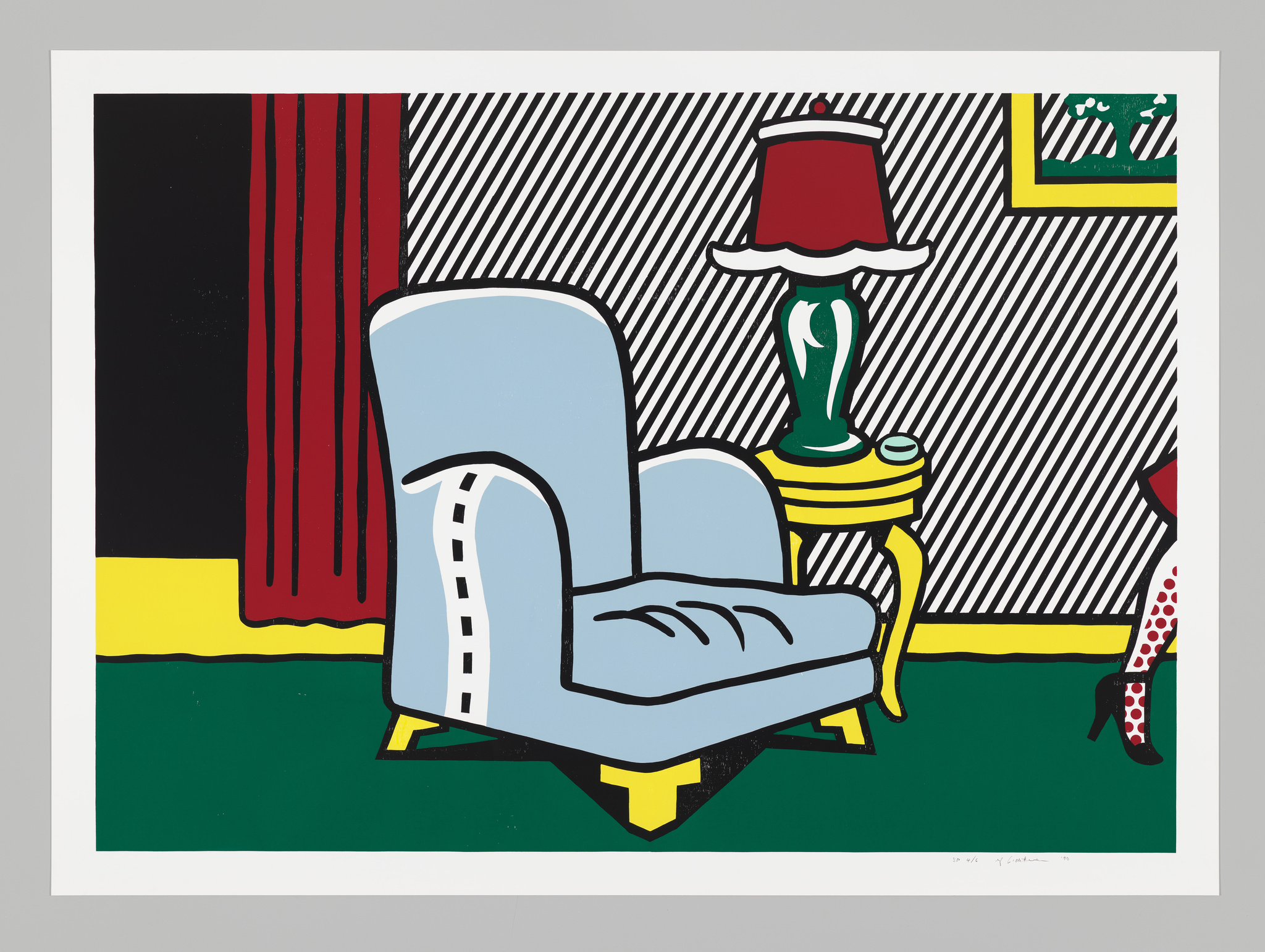 Graphic art depicting a stylized interior scene with a blue armchair, a red-shaded lamp on a yellow side table, a portion of a red curtain, and a framed picture on the wall. The floor is green with a yellow border, and the walls have a black and white diagonal stripe pattern. The edge of a figure with polka-dotted clothing is partially visible on the right side.