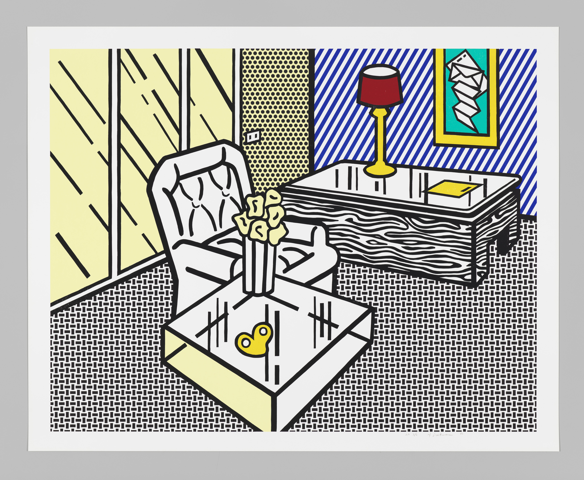 A stylized, graphic illustration of an interior scene with a strong black outline and a limited color palette. The room features a patterned floor, a wooden armchair with a white cushion, a glass-topped coffee table with a yellow key and a vase of flowers, a wooden cabinet with a red lamp, and a framed abstract artwork on the wall. The scene is reminiscent of pop art style, with a focus on bold lines and contrasting patterns.