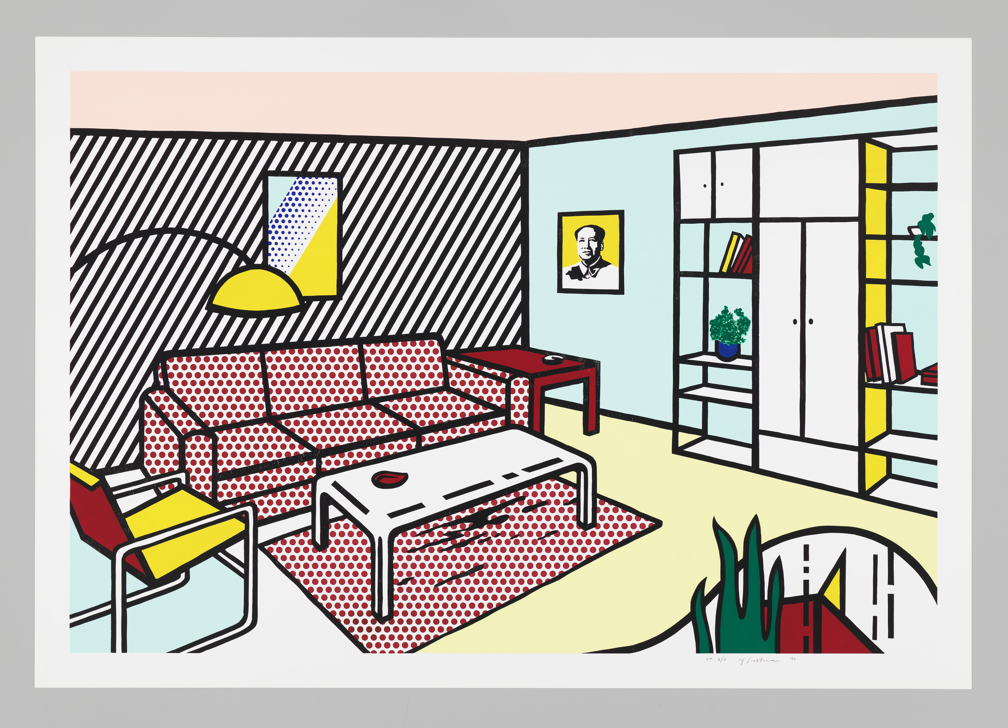 Illustration of a stylized, modern living room with a red polka-dotted sofa, a white coffee table with a red book, a yellow floor lamp, and a bookshelf with various items. The room features a black and white striped wall, a framed portrait on a pale blue wall, and a plant in the corner. The artwork has a bold, graphic quality with a limited color palette, reminiscent of pop art.