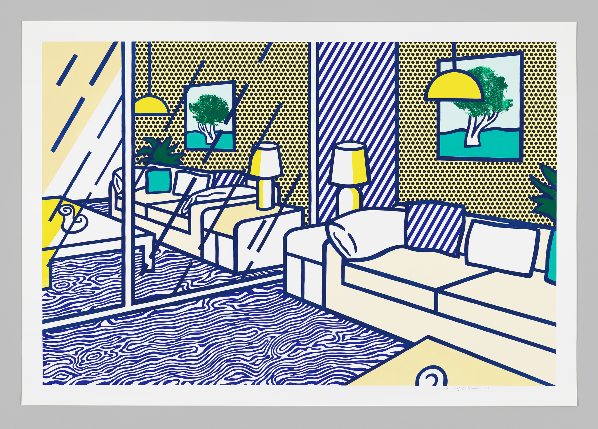 Illustration of a stylized interior scene with a couch, table, lamps, and framed artwork on the walls, using a limited color palette of yellow, blue, white, and black, with patterns and textures filling the space.