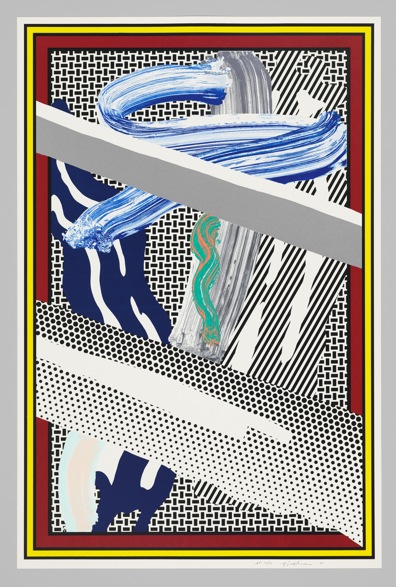 A vibrant abstract artwork featuring a complex layering of patterns and textures. Broad, gestural strokes of blue and white paint dominate the central area, intersected by a diagonal grey band. The background consists of various geometric shapes and lines in black and white, with a grid-like pattern filling most of the space. The piece is bordered by a multicolored frame with red, yellow, and grey lines. The artwork has a dynamic and modern feel.