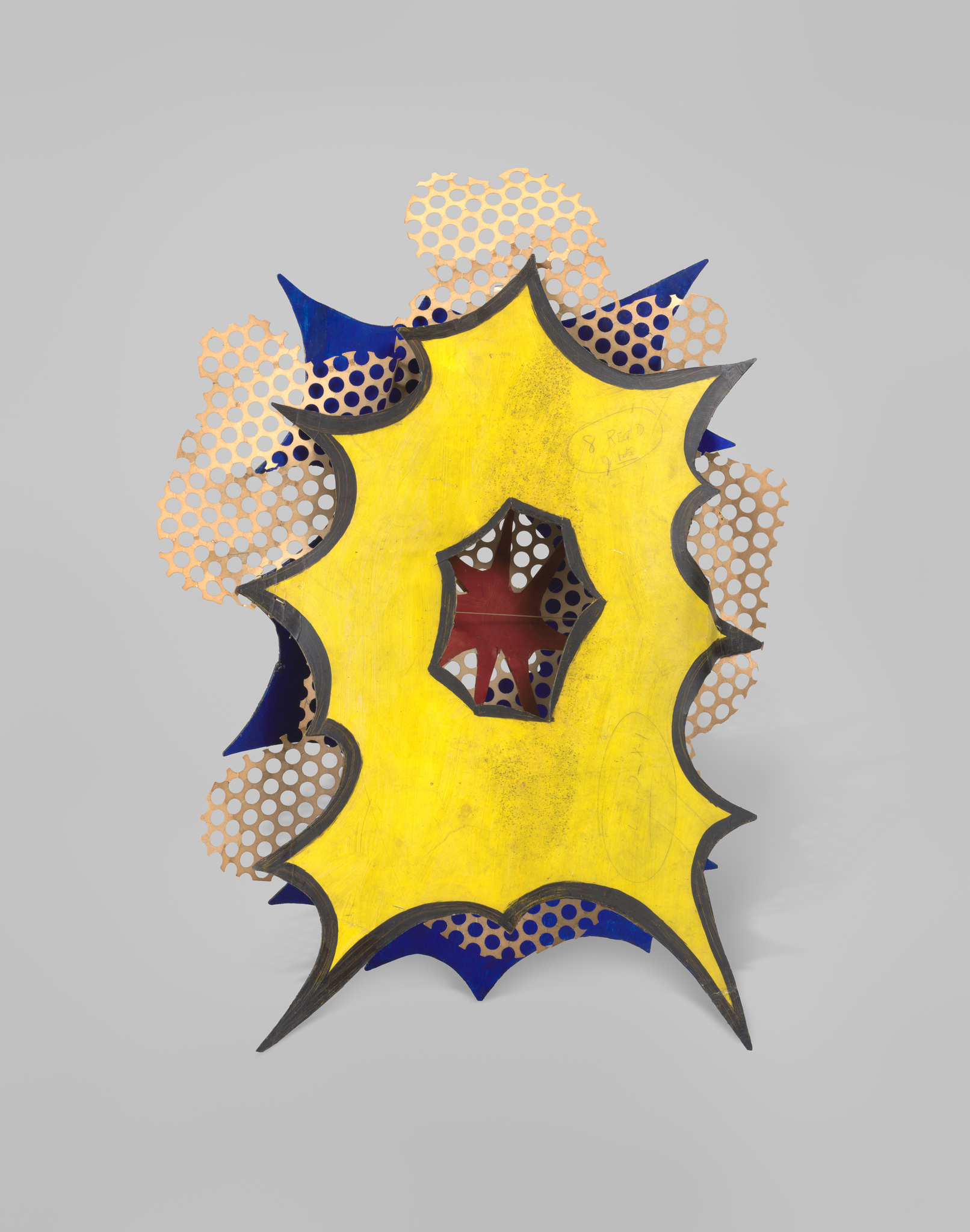 A vibrant abstract artwork featuring a central yellow shape with jagged edges, surrounded by blue and black accents and perforated with circular patterns that reveal underlying layers of red and blue. The piece has a dynamic, almost explosive quality and is displayed against a neutral background.