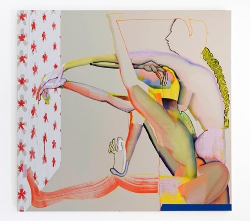 Loosely painted, colorful silhouettes of nude figures' interlocking limbs as they float against a sparse background and face a free-standing, flower print wall.