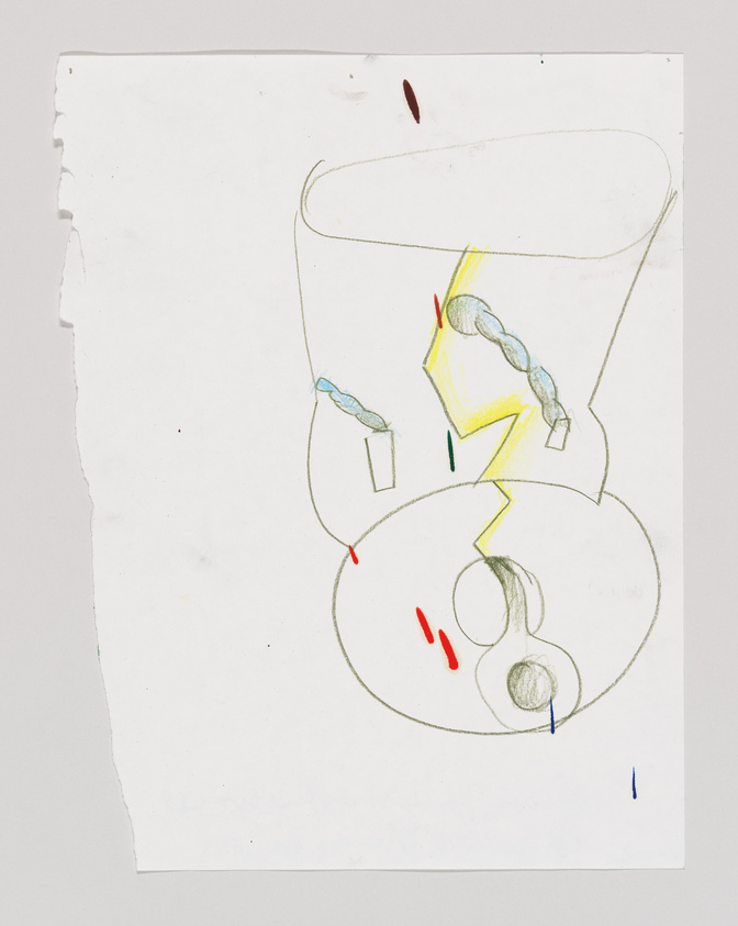 A child's drawing on a piece of white paper with torn edges, featuring abstract shapes and lines in pencil and crayon colors such as yellow, blue, red, and green. The composition is centered with a large, incomplete circular shape dominating the space, and smaller elements like squiggles and lines scattered around.