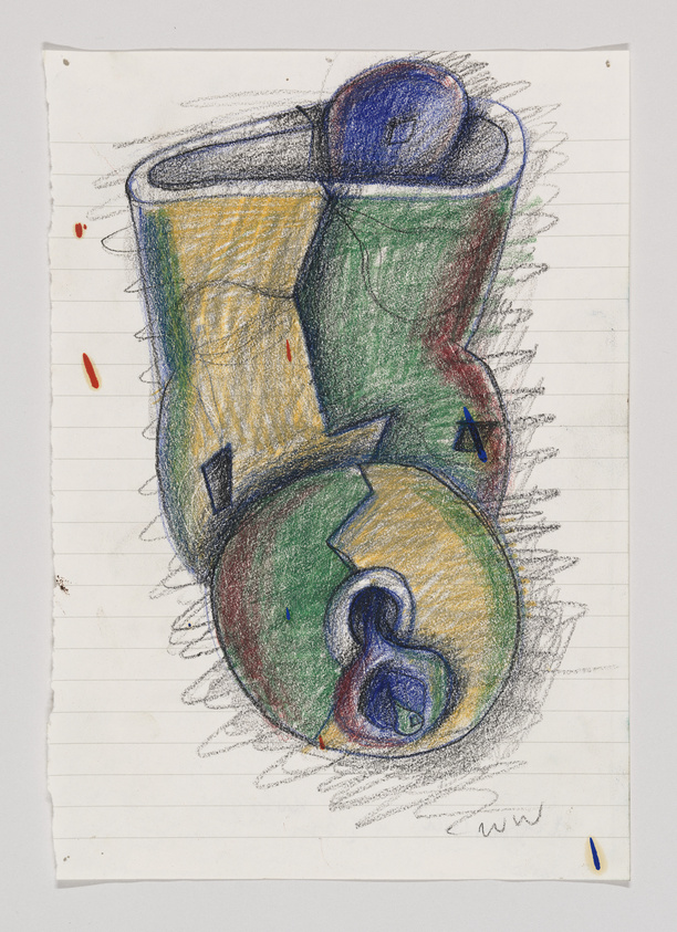 A colorful crayon drawing on lined paper depicting an abstract form with elements of yellow, green, blue, and red. The drawing features curved shapes and lines with some geometric accents, such as small rectangles and triangles. The paper shows signs of wear with creases and slight tears, and there are scribbles around the edges of the drawing.