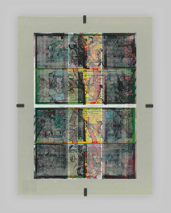A colorful abstract artwork composed of multiple panels with a dot matrix design, mounted on a wall with visible mounting hardware at the corners. The panels feature a variety of vibrant colors and intricate patterns that create a mosaic-like effect.