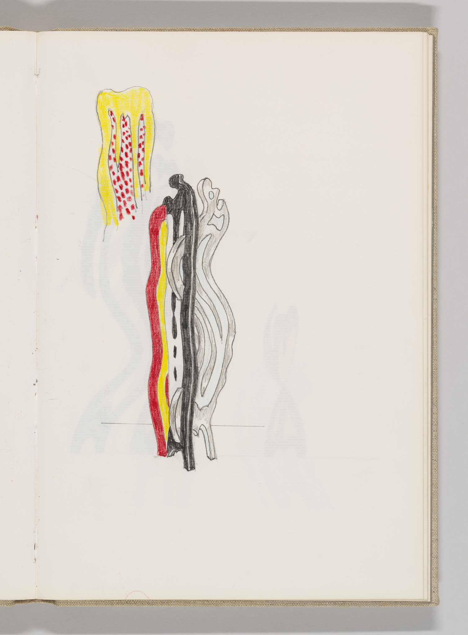 Abstract drawing with wavy lines in red, yellow, black, and gray on a white background.