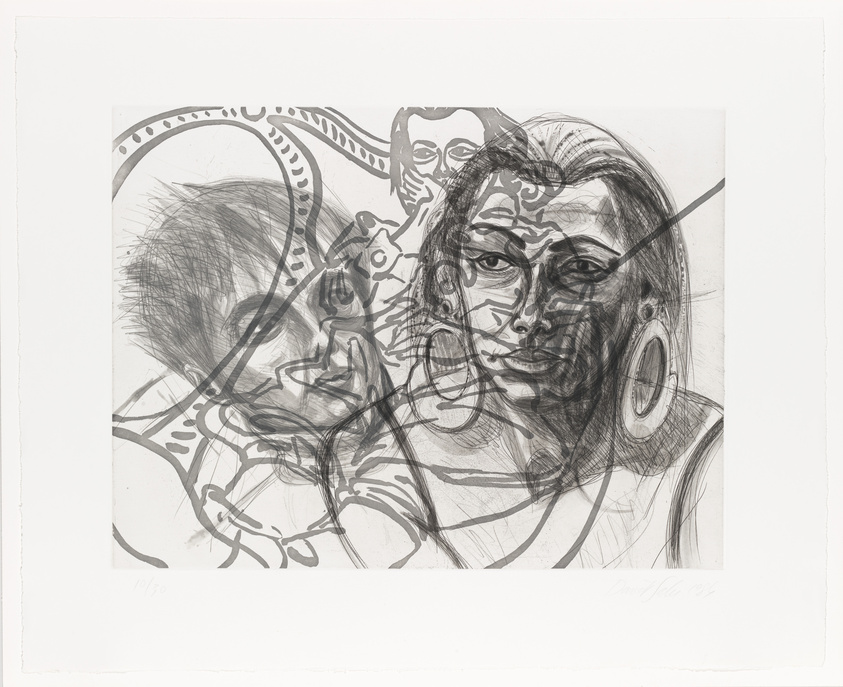 A black and white print featuring an overlay of abstract and figurative elements, with a prominent face on the right side and various lines and shapes creating a complex composition.