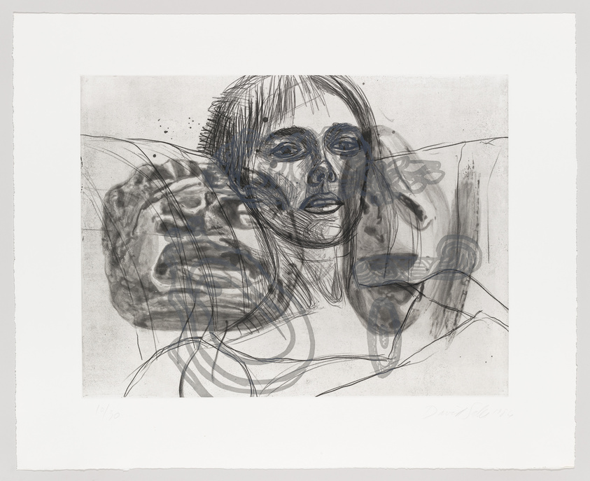 A monochromatic artwork featuring an abstract portrait of a woman with overlapping and intersecting lines and shapes. The image has a sketched quality with visible strokes and shading, creating a sense of depth and movement. There are signatures and edition numbers at the bottom, indicating it's a print.
