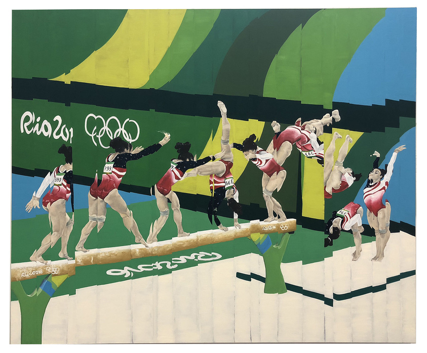 Sequential gymnastic movements on balance beam at Rio 2016 Olympics, depicted in a stylized painting.