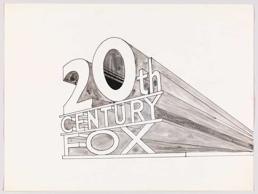 A black and white sketch of the iconic 20th Century Fox logo with bold, three-dimensional letters and spotlight beams extending into the background.
