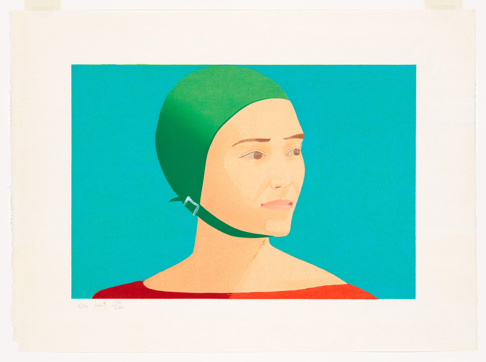 Illustration of a woman with a serene expression, wearing a green swimming cap, against a turquoise background. The artwork has a minimalist style with flat colors and subtle shading on the woman's face. The bottom left corner features a signature and a date.