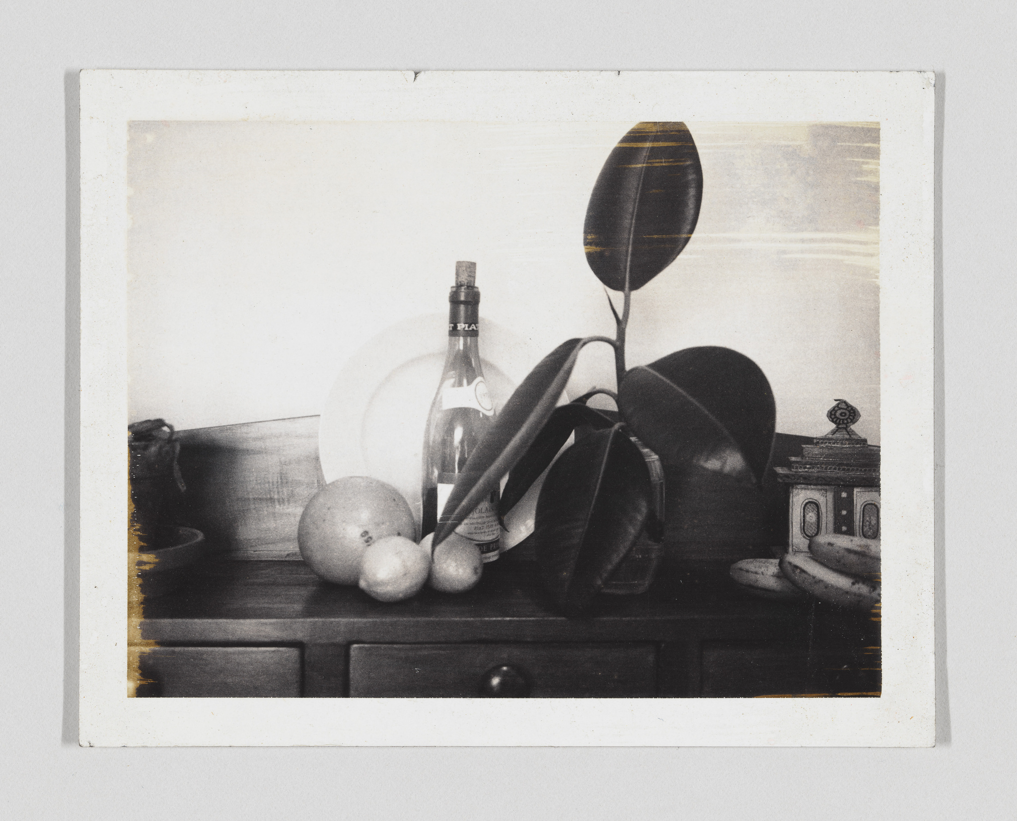 A black and white photograph depicting a still life arrangement on a wooden surface. The composition includes a bottle with a label, a round bowl, several spherical fruits, a tall plant with large leaves, and a small ornate object resembling a miniature clock or decorative piece on the right. The image has a vintage feel with its faded tones and the edges of the photo are worn, suggesting age.