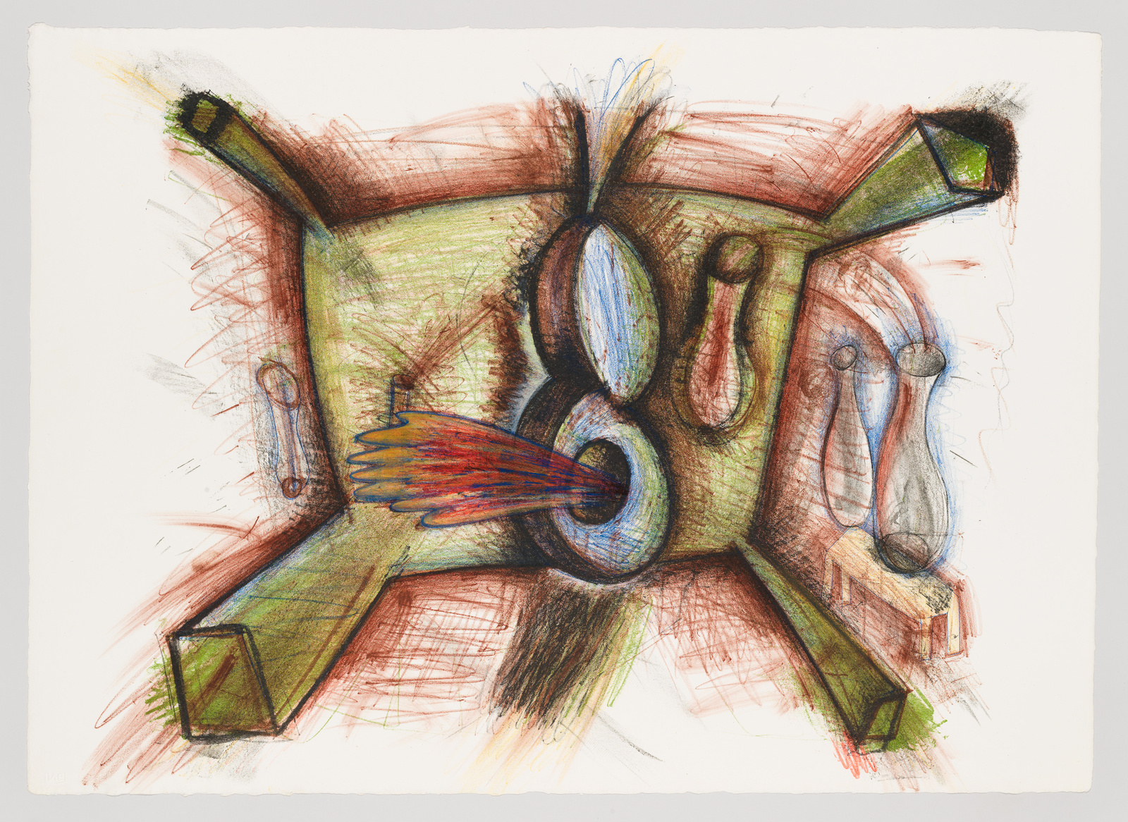 A colorful abstract drawing with various geometric and organic shapes intermingled. The central area features a blue oval-like shape with a fiery red and orange burst emanating from one side. Surrounding shapes include elongated forms that resemble mechanical parts or tools, with a mix of earthy greens, browns, and hints of blue. The artwork has a dynamic, almost explosive quality, with lines and colors extending outward from the center.