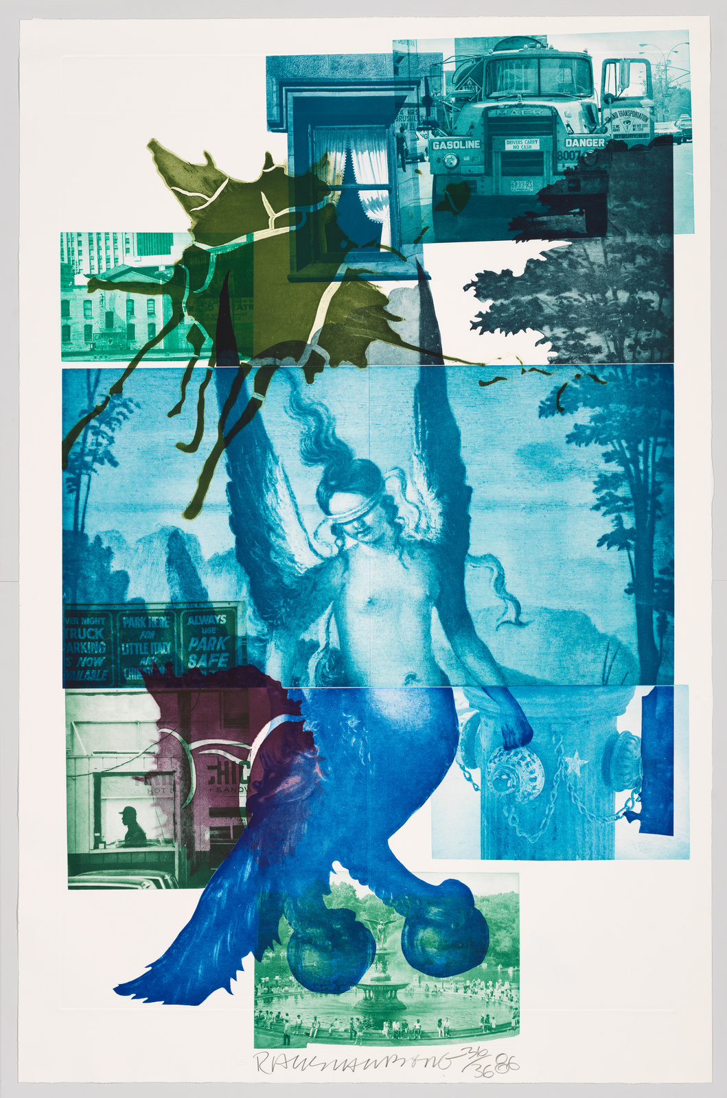 A vibrant collage featuring a central figure of a classical statue with a blindfold, superimposed over various urban scenes and elements in shades of blue and green. The statue appears to be holding a telephone receiver, and the background includes images of a gasoline truck, architectural details, and a park with people. The artwork is signed and dated at the bottom.