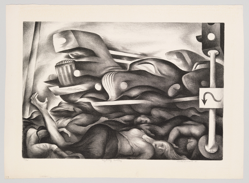 Black and white lithograph featuring abstract, intertwined human forms with mechanical elements, by M.C. Escher.