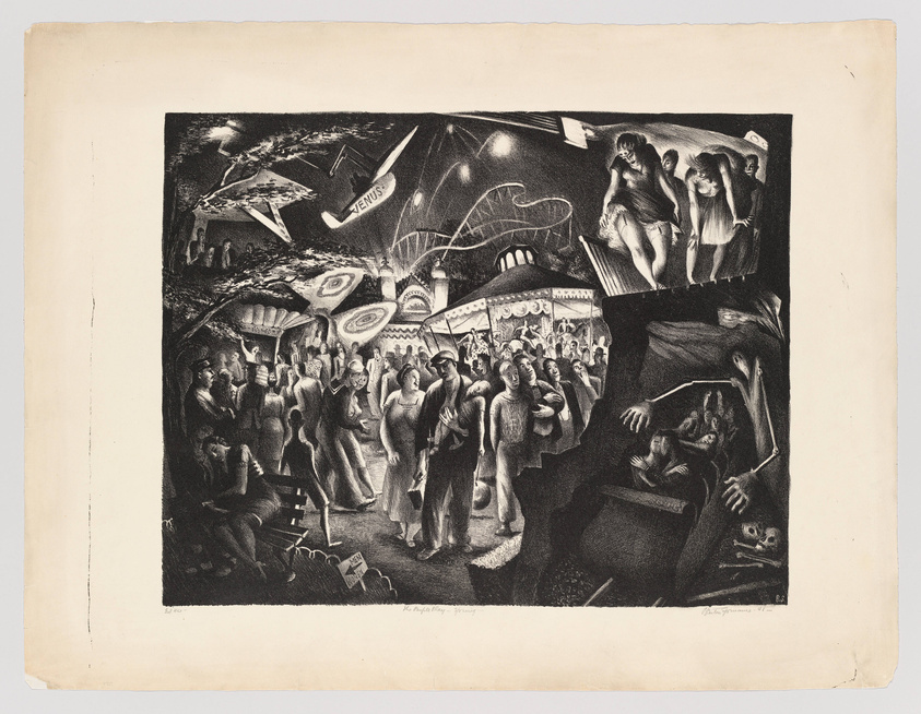 A black and white lithograph depicting a bustling carnival scene with various figures, including a crowd of people, a couple embracing on a bench, and a group of dancers on a platform. The artwork is rich in detail and contrast, with signs for attractions like "Venus" and dynamic lighting that creates a dramatic atmosphere. The image is signed by the artist at the bottom.