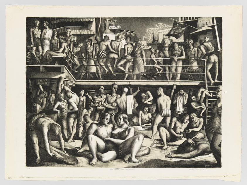 A black and white lithograph depicting a bustling beach scene with numerous figures in swimwear. Some are lounging on the sand, others are climbing stairs, and a few are standing on balconies. Signs with text such as "ROOMS" and "TODAY G2-G2" are visible in the background, suggesting a lively, public setting. The artwork is detailed, with attention to the play of light and shadow, and captures a sense of movement and casual interaction among the beachgoers.
