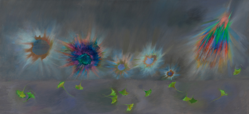 A wide canvas featuring an abstract painting with a dark, moody background. Multiple bursts of color resembling flowers or explosions are spread across the canvas, with a particularly vibrant, comet-like streak of red, green, and blue on the right side. The lower part of the painting shows several green leaf-like shapes floating against the dark backdrop.