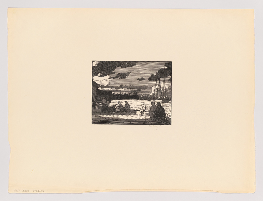 A black and white etching of a riverside scene at evening with figures and boats, centered on a large sheet of paper with the caption "EAST RIVER, EVENING" handwritten at the bottom left corner.
