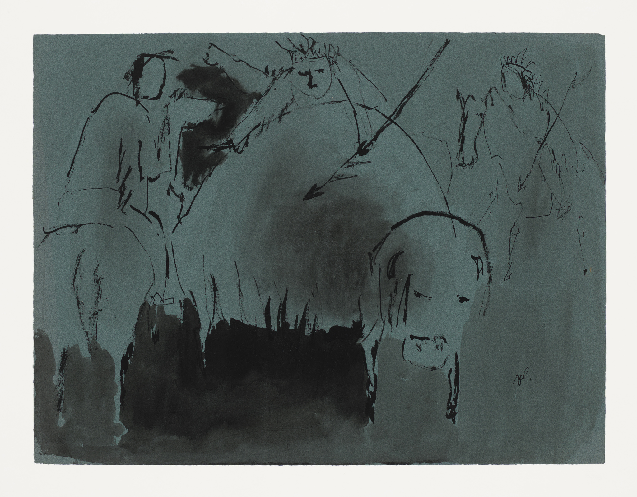 Three people on horses with spears appear to be hunting a large buffalo in a simple, sketchy drawing.