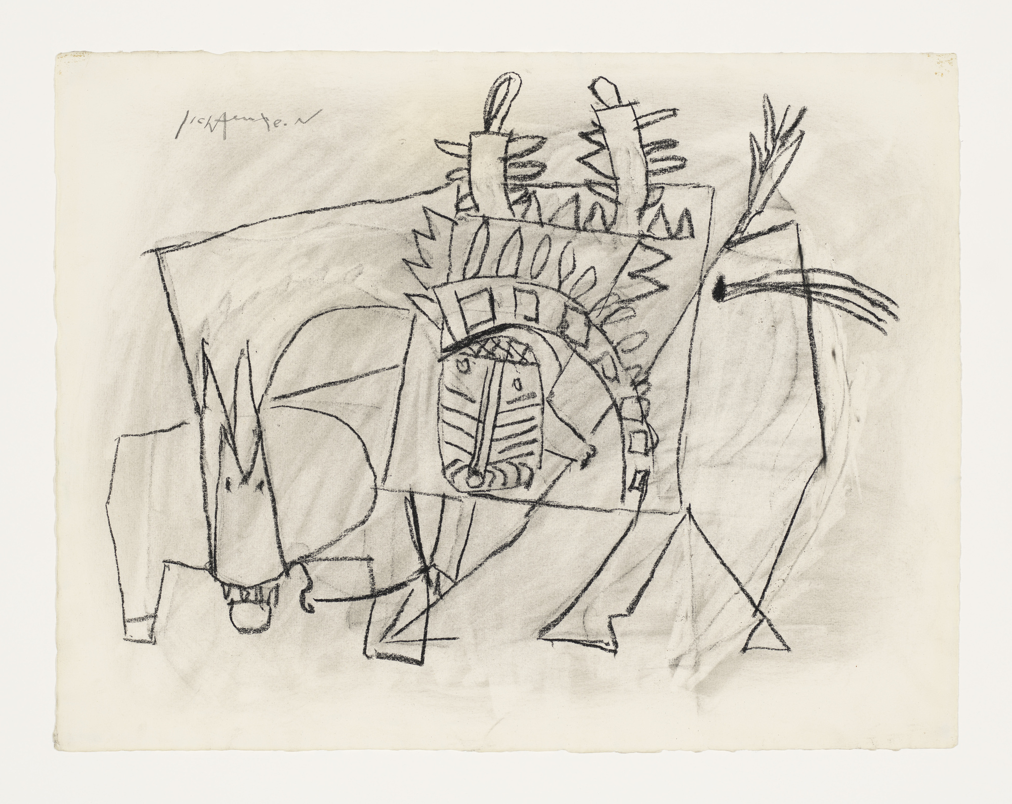 Abstract sketch of a bull with geometric shapes and lines, signed in the top left corner.