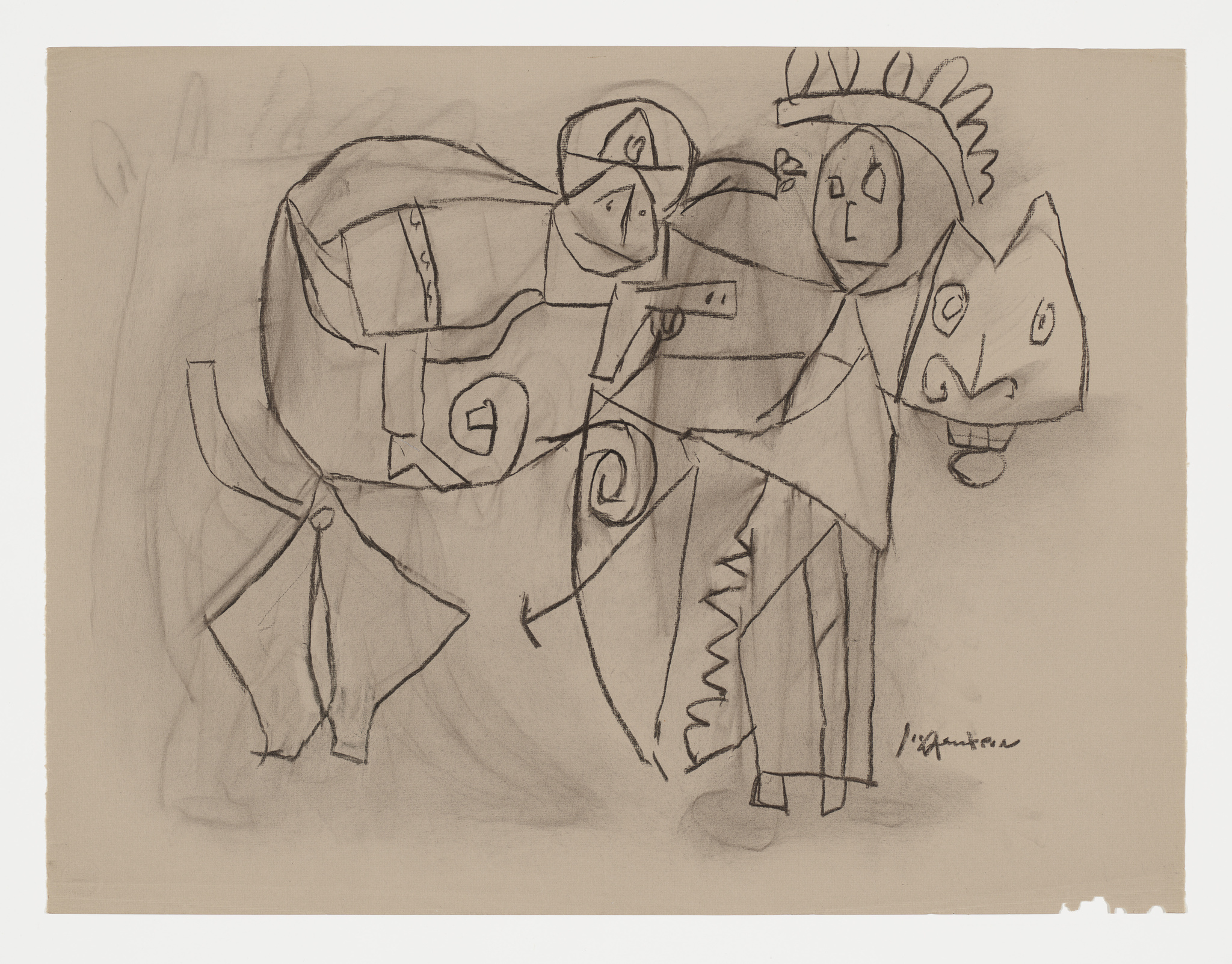 Two abstract human figures and a horse are drawn with simple lines and shapes on a plain background.