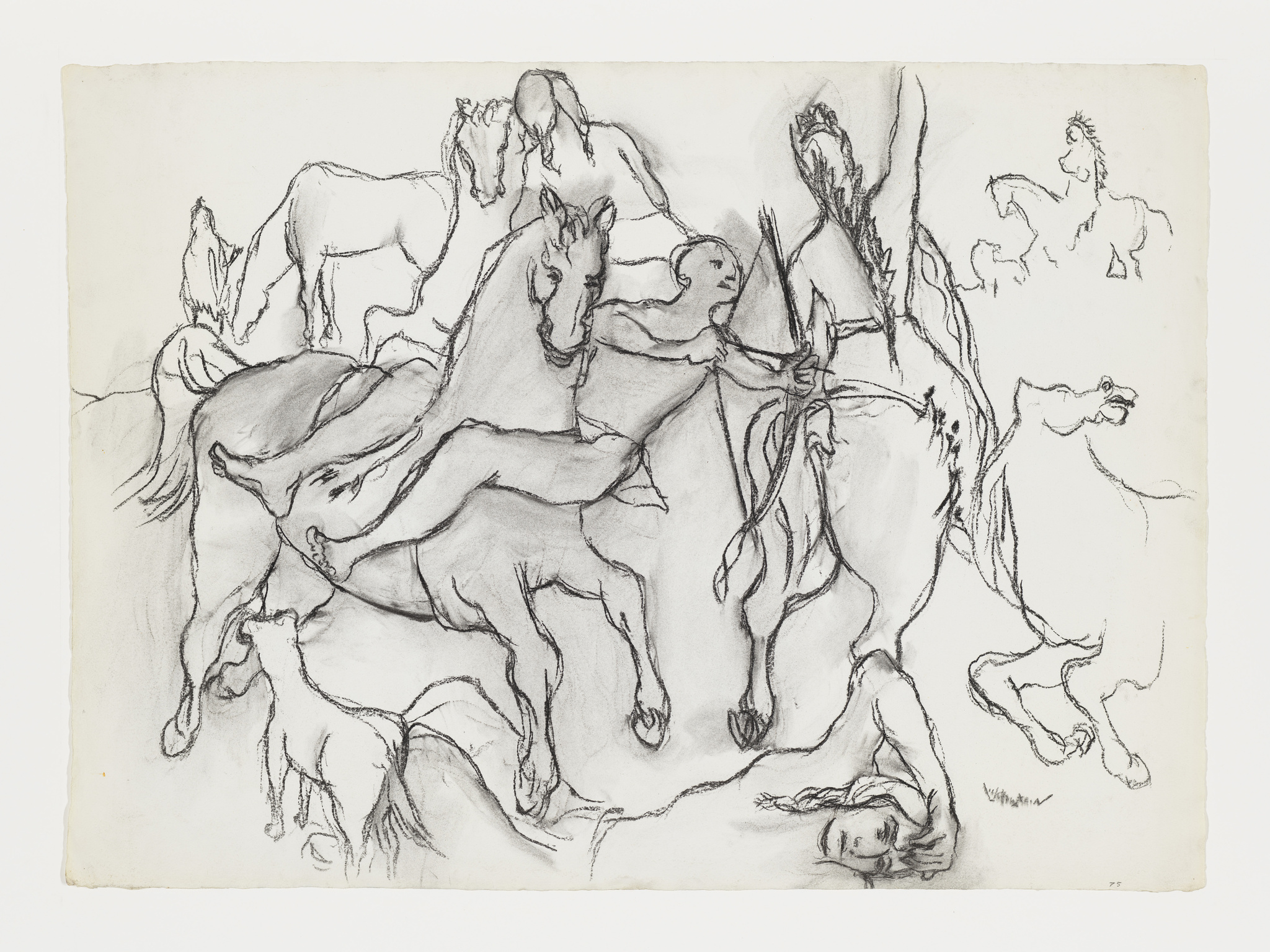 Sketch of a person on horseback holding a bow, surrounded by other horses and figures.