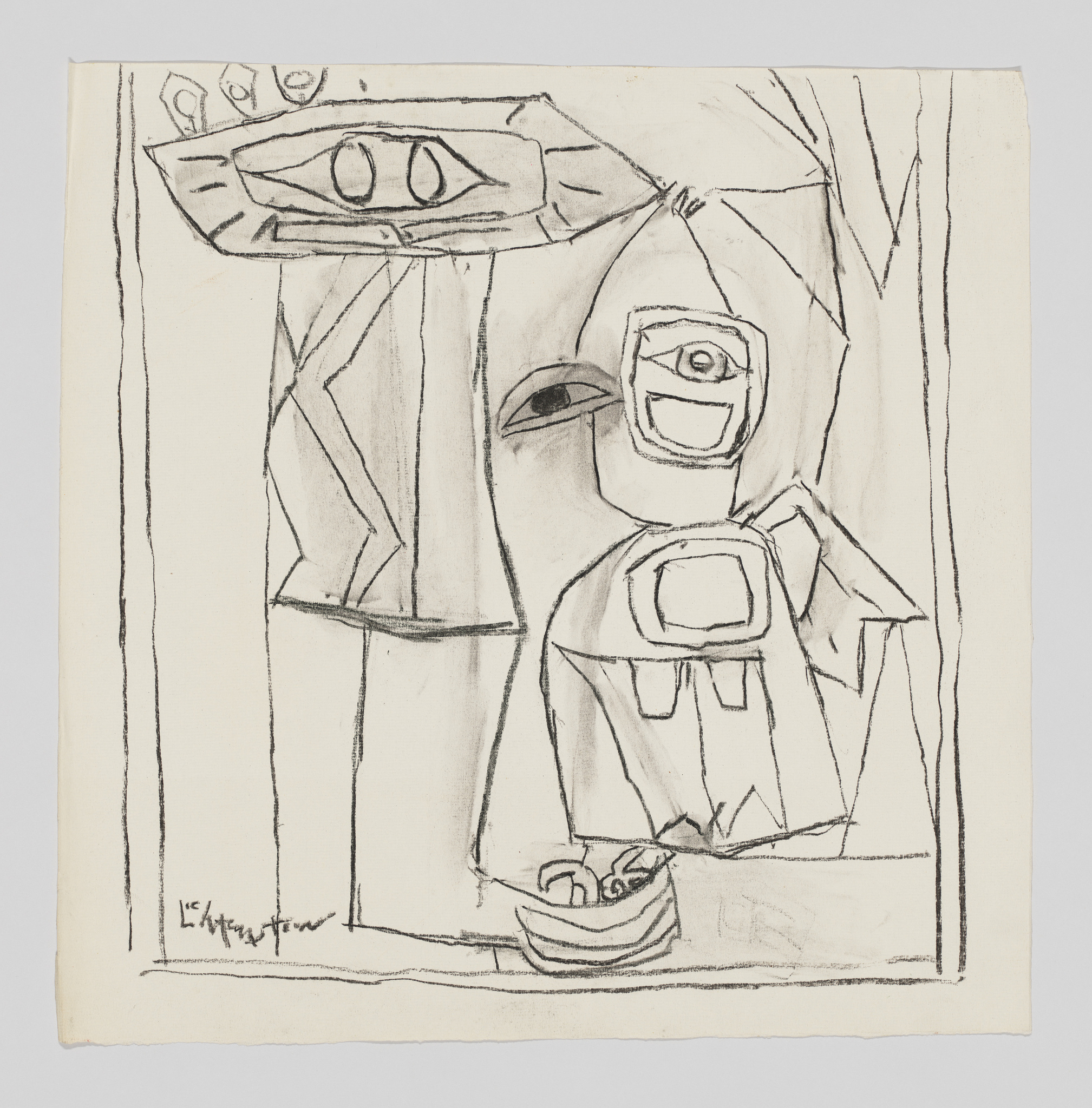 Abstract black and white drawing with geometric shapes, a bird-like figure, and a bowl with fruit at the bottom.