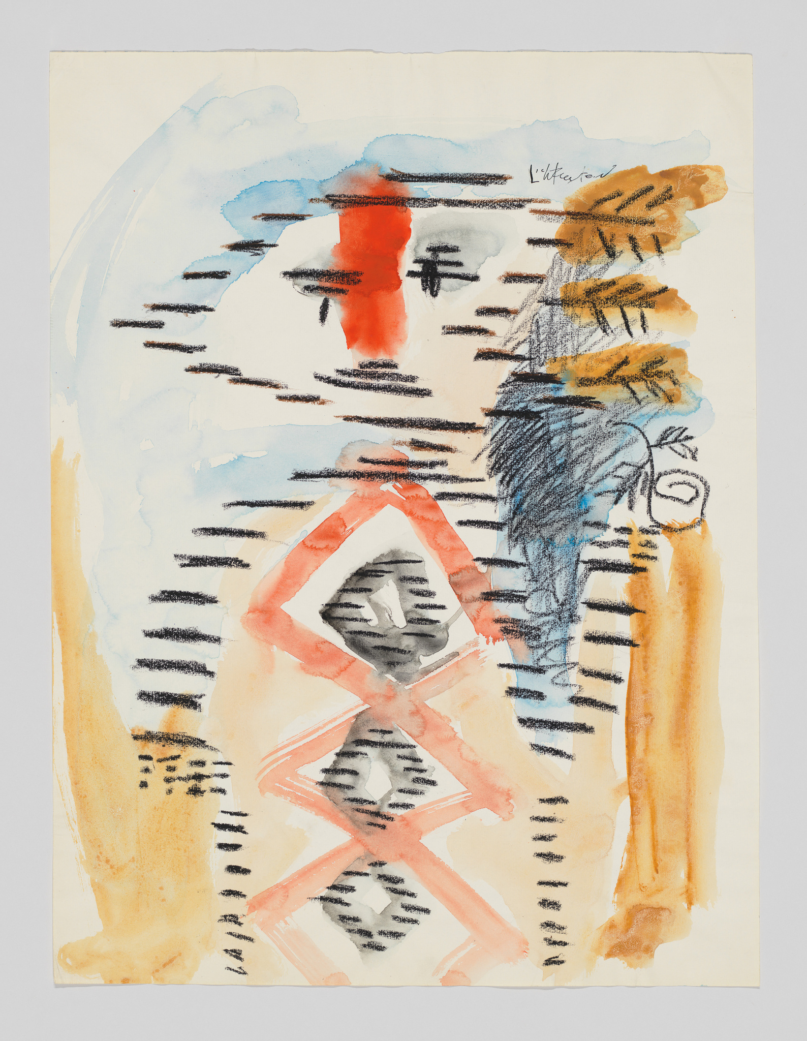 Abstract drawing of a figure with a red vertical stripe on the face, black lines, and orange diamond shapes.