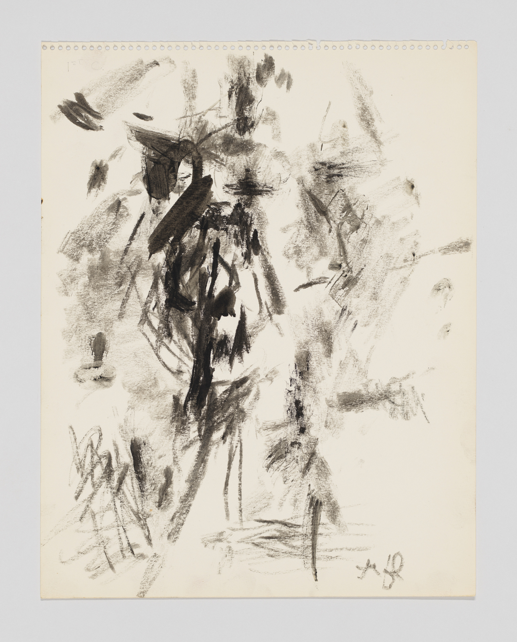 Abstract black charcoal sketch with rough lines and smudges, suggesting a human figure in the center.