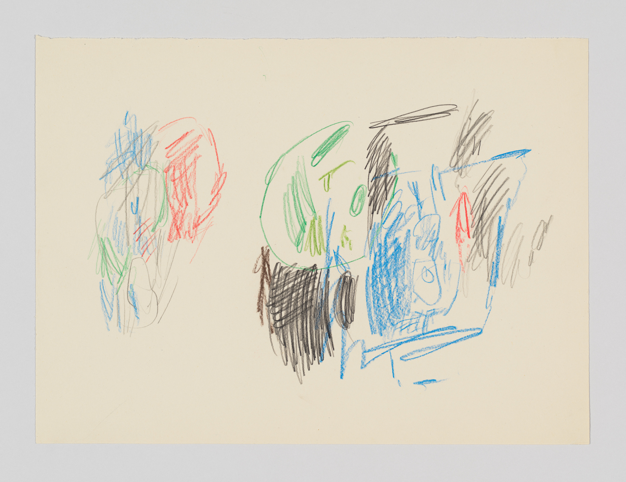 Colorful crayon scribbles in blue, green, red, black, and brown on a plain off-white background.
