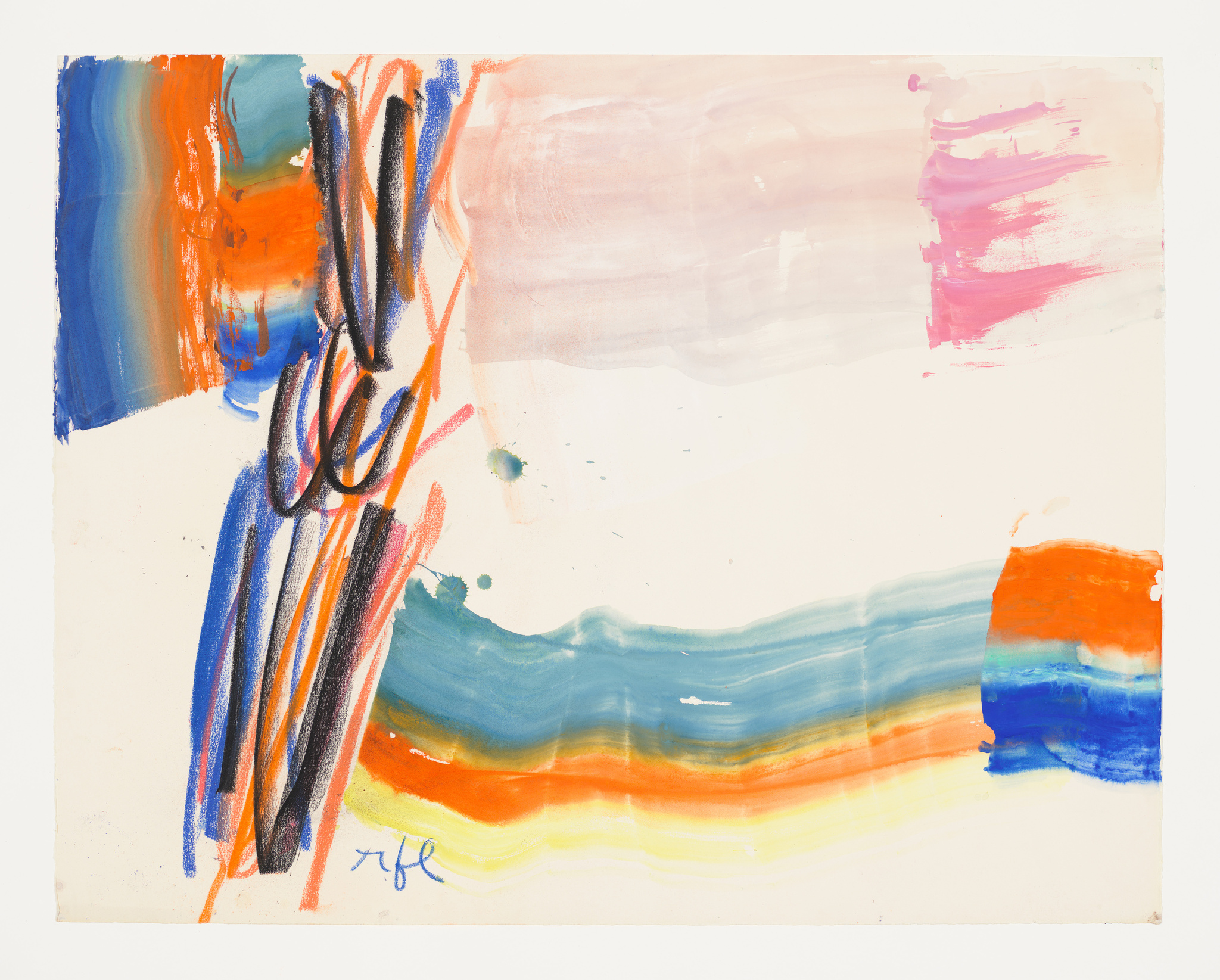 Abstract painting with bold strokes of blue, orange, and pink, featuring black and orange lines.