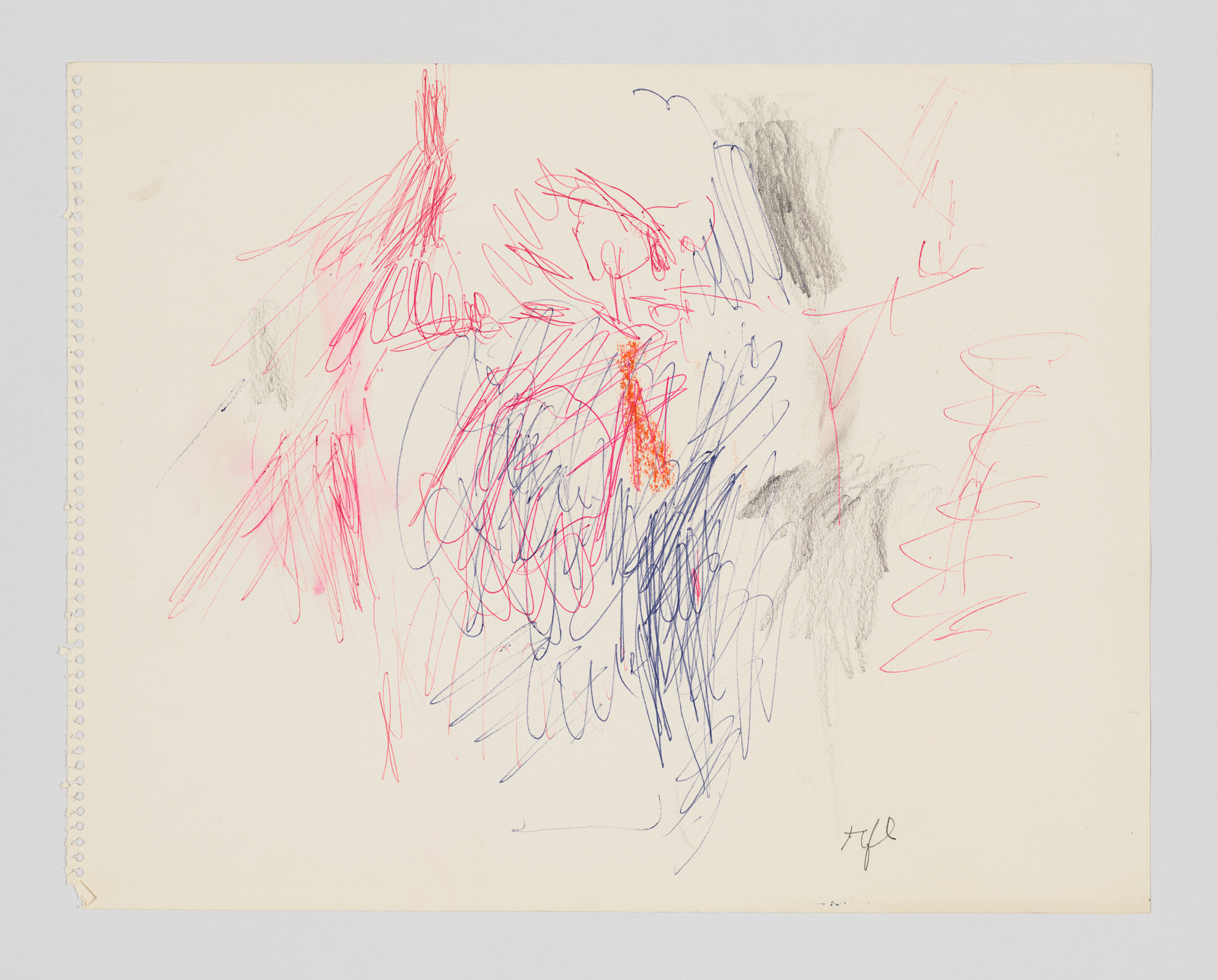 Colorful abstract scribbles in red, blue, and gray on white paper, with a small signature at the bottom.