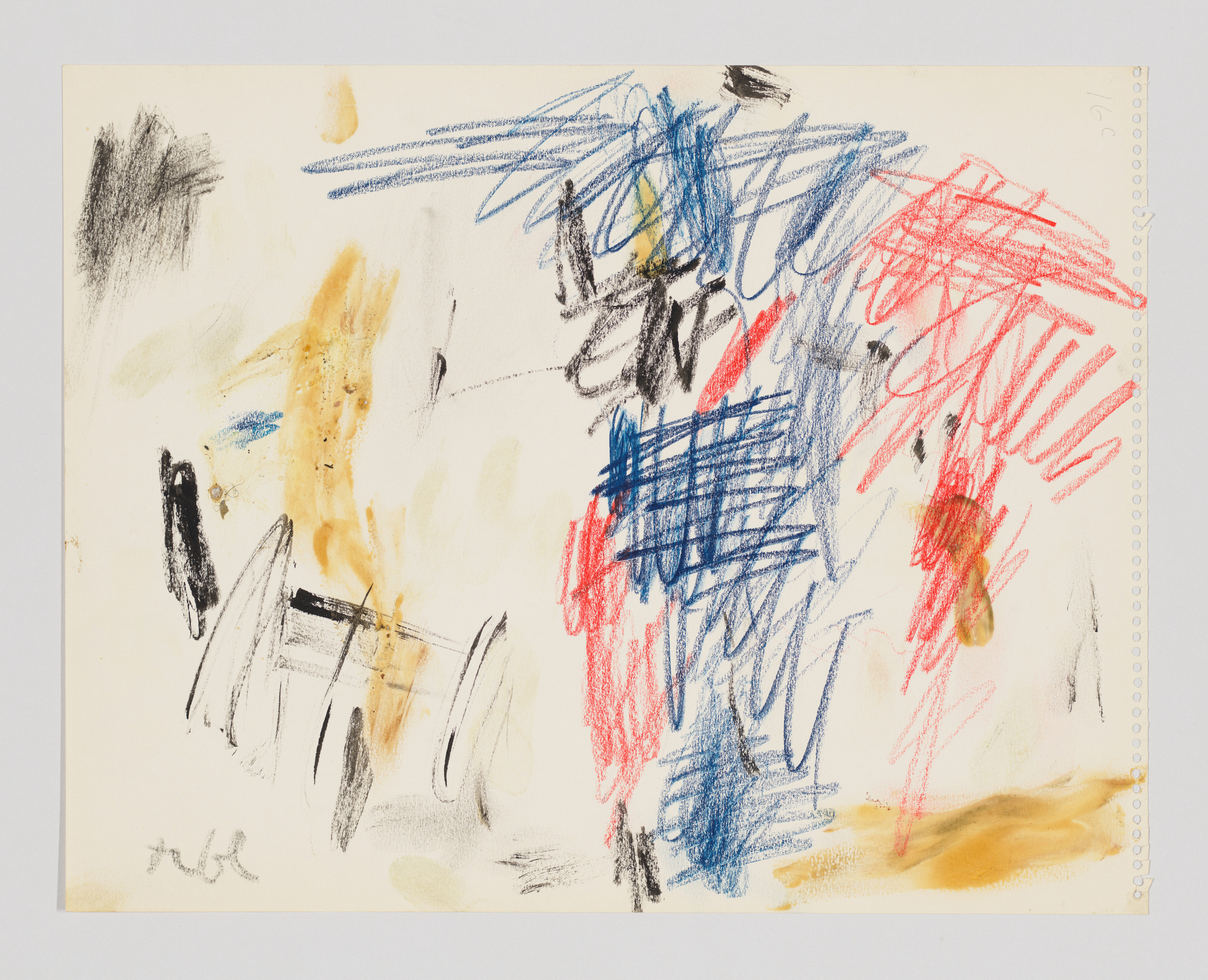 Crayon and pencil scribbles in blue, red, black, and yellow cover a white sheet of paper.