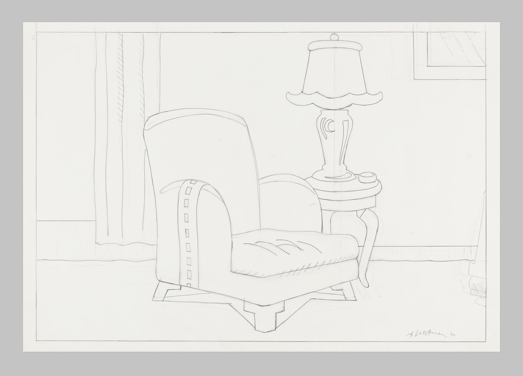 A large armchair sits next to a small table with a lamp in a simple room.