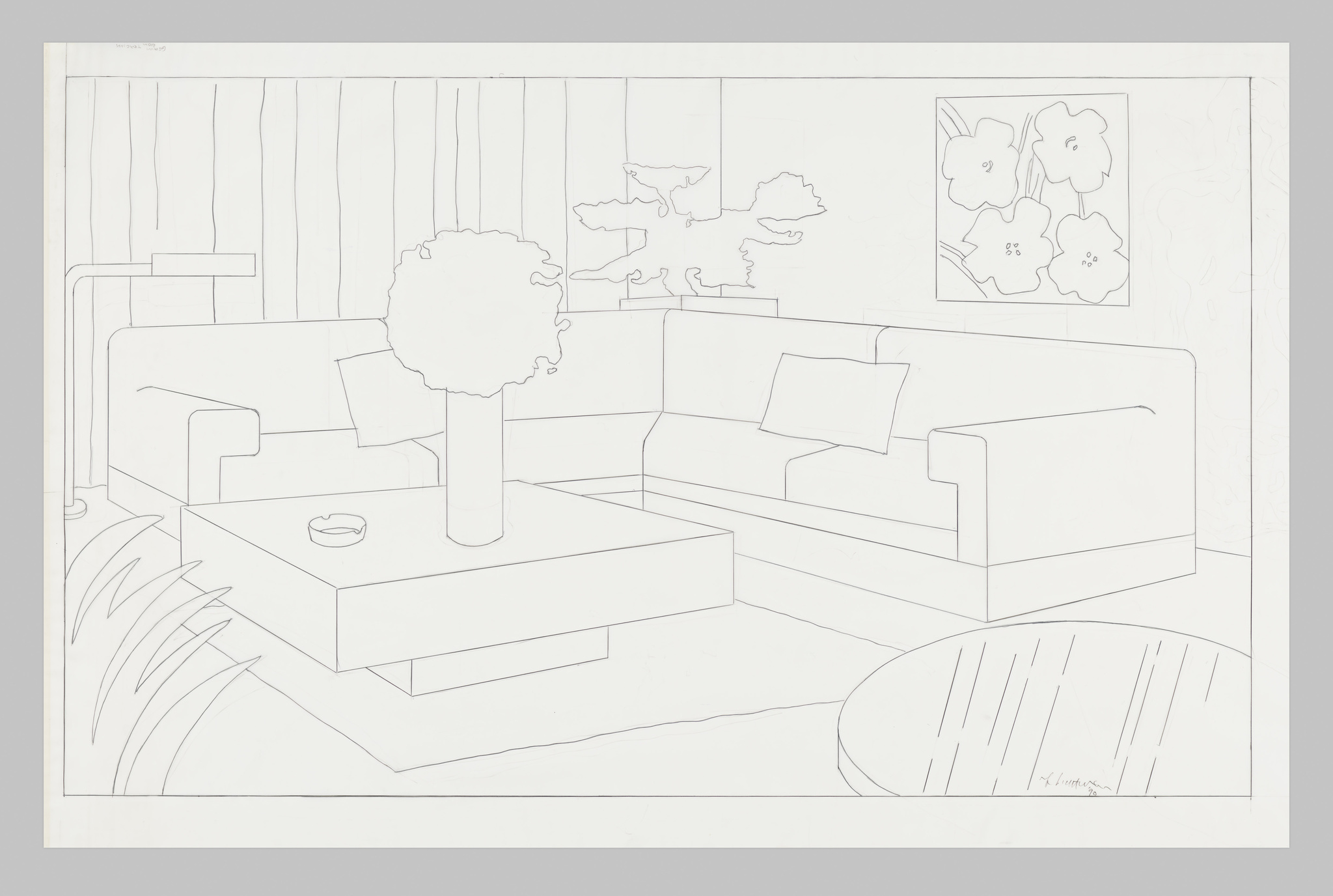 Line drawing of a modern living room with a corner sofa, coffee table, and wall art.