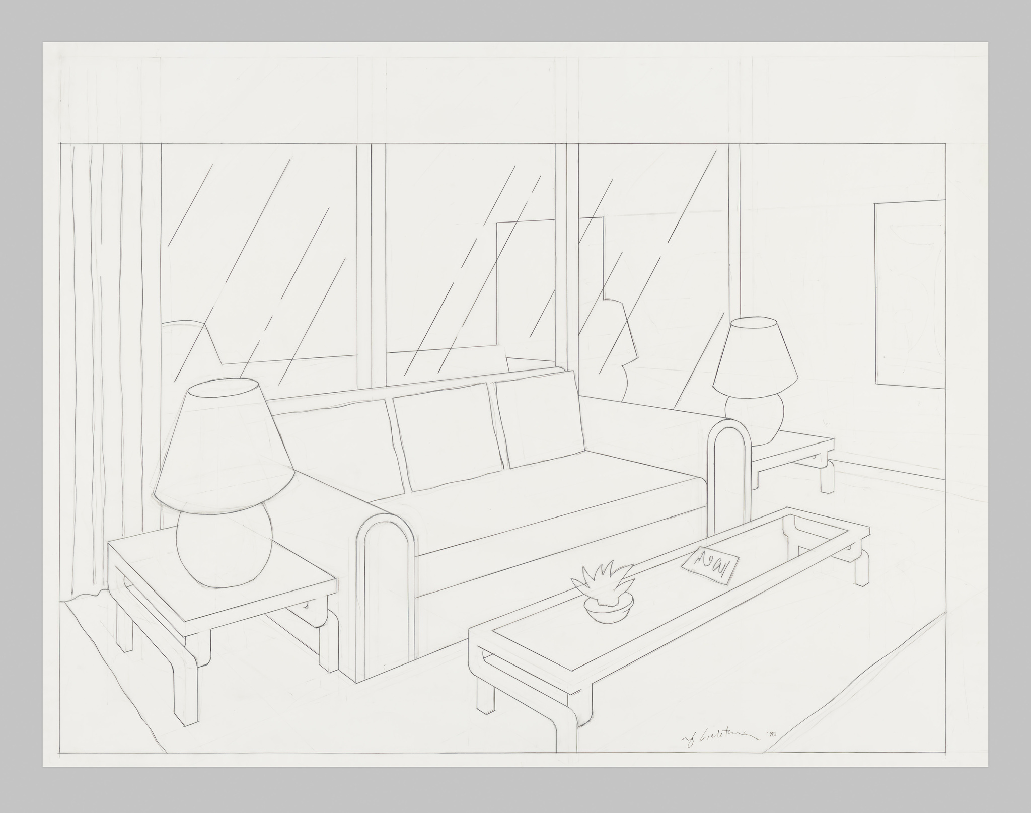 Line drawing of a living room with a sofa, two lamps, and a coffee table with a plant.