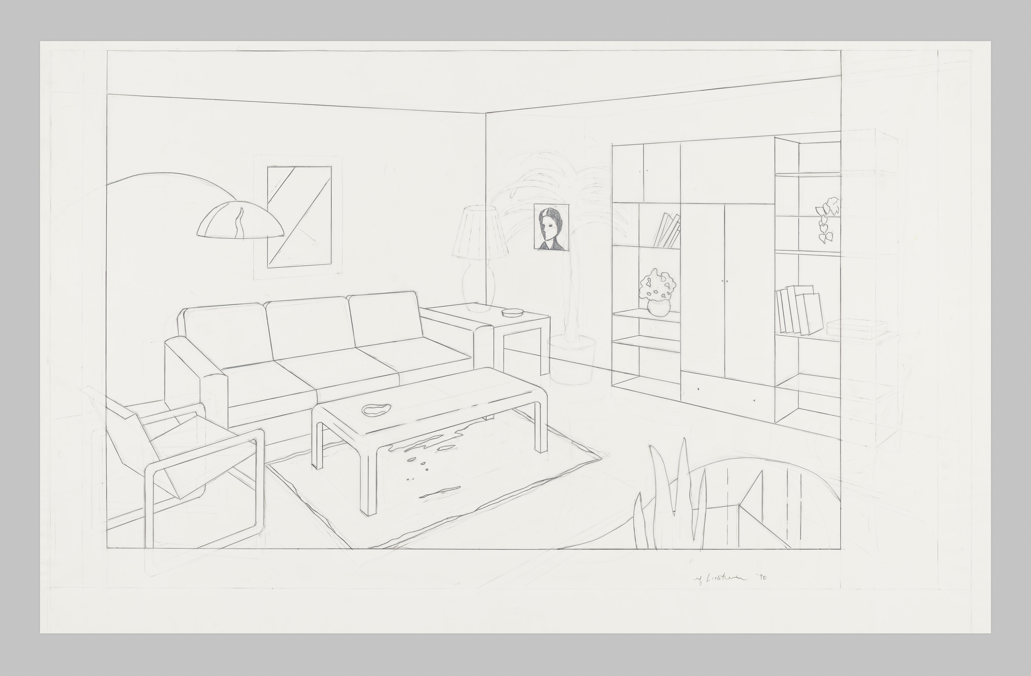 Line drawing of a living room with a sofa, coffee table, and shelves. A portrait hangs on the wall.