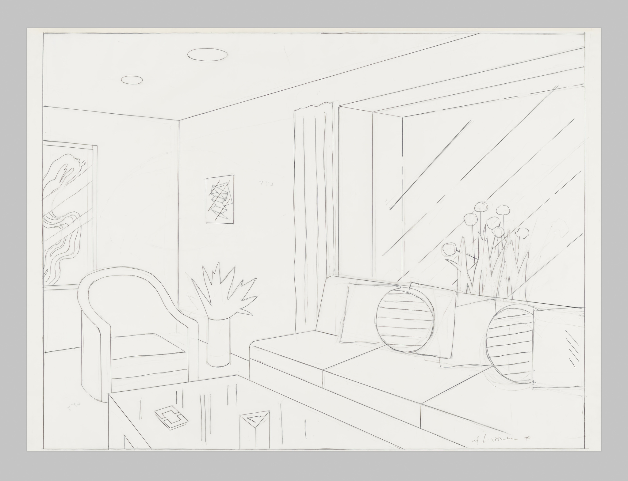 A simple living room with a sofa, armchair, coffee table, plants, and large window with striped pillows.