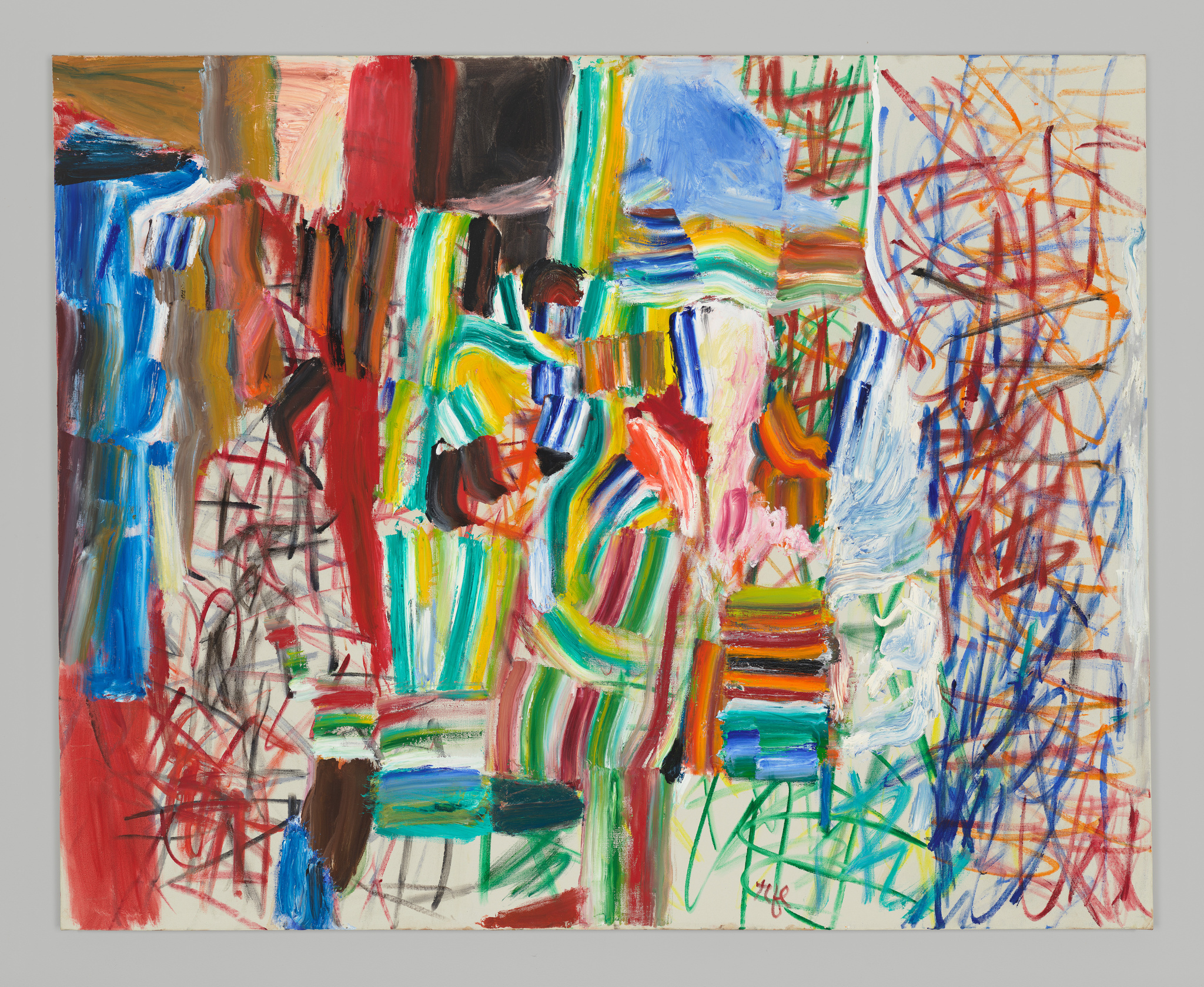 Bright abstract painting with colorful stripes, bold brushstrokes, and overlapping scribbles in red, blue, green, and yellow.