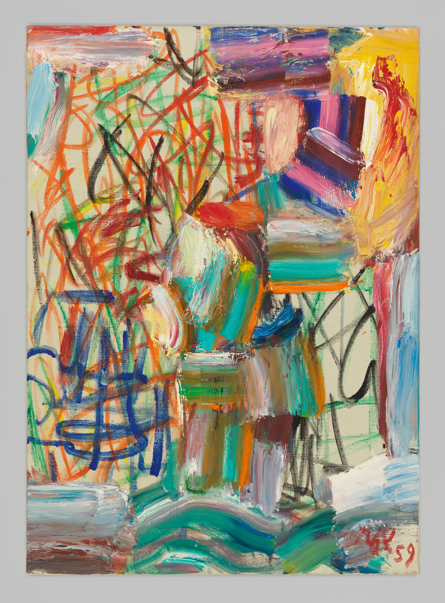 Colorful abstract painting with bold brushstrokes and overlapping lines in red, blue, green, and yellow.