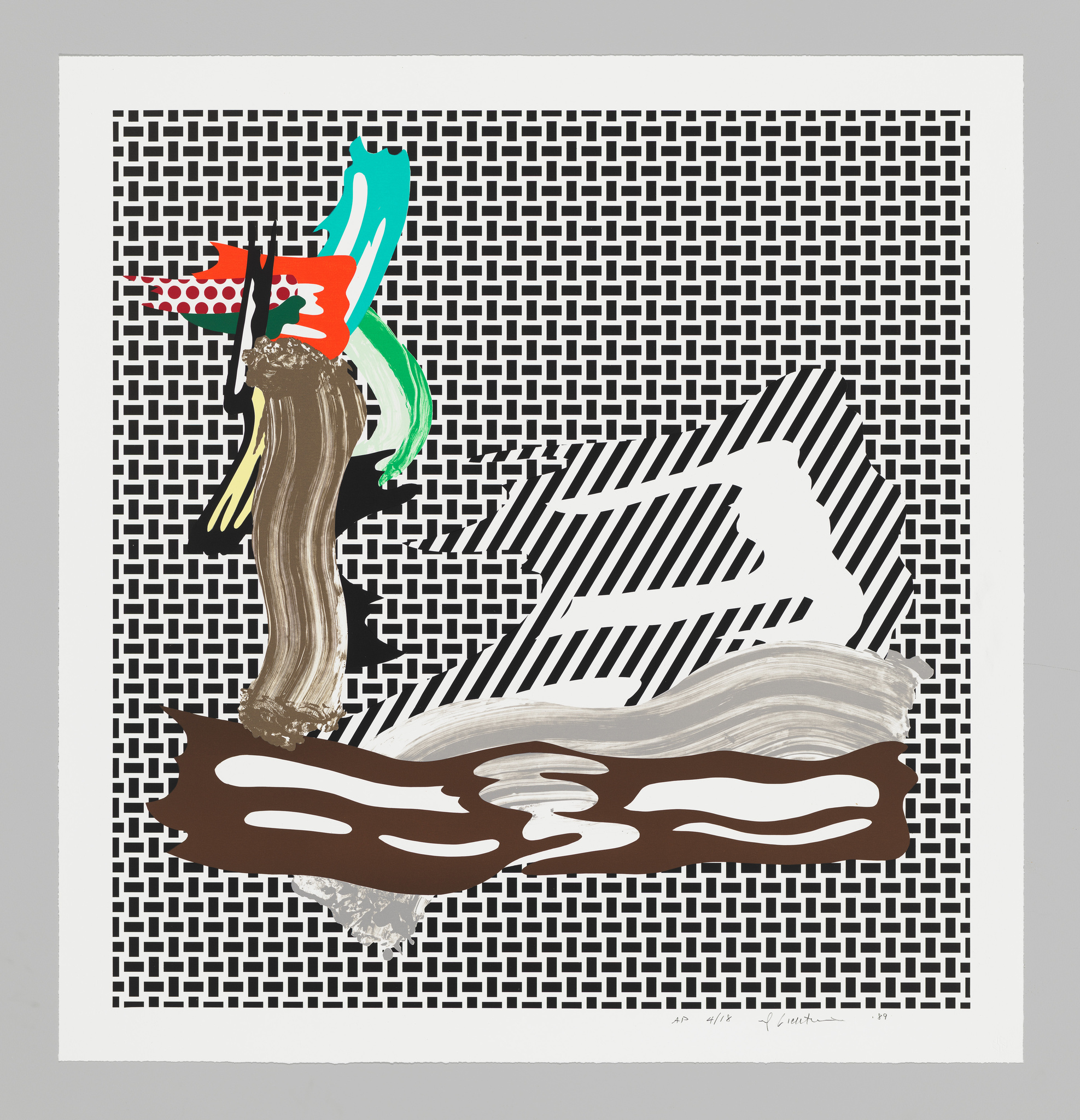 Abstract artwork with bold brushstrokes and shapes over a black and white geometric patterned background.