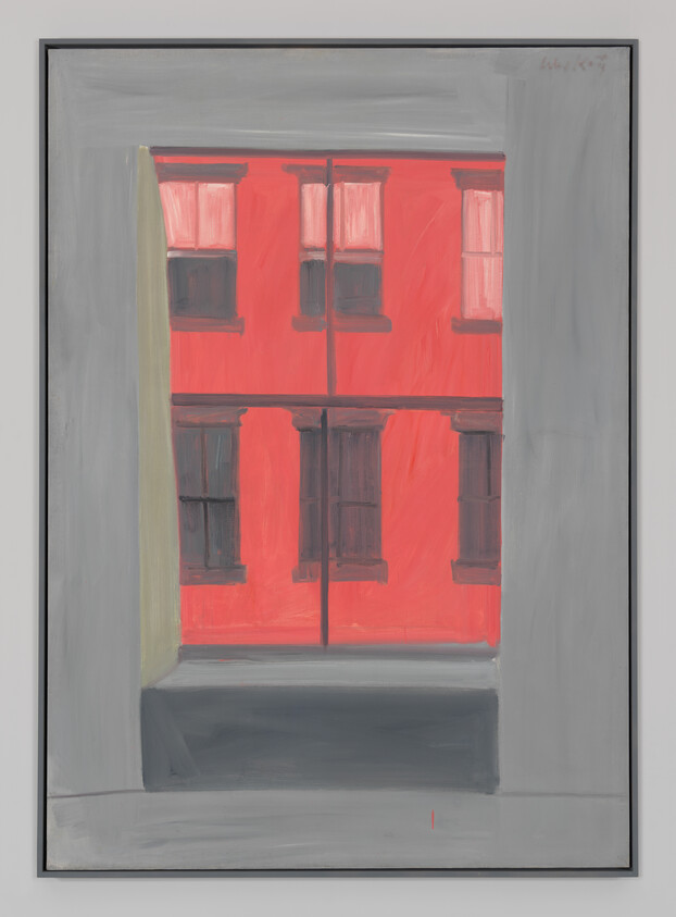 A red building with four windows is seen through a gray-framed window, painted in a simple style.