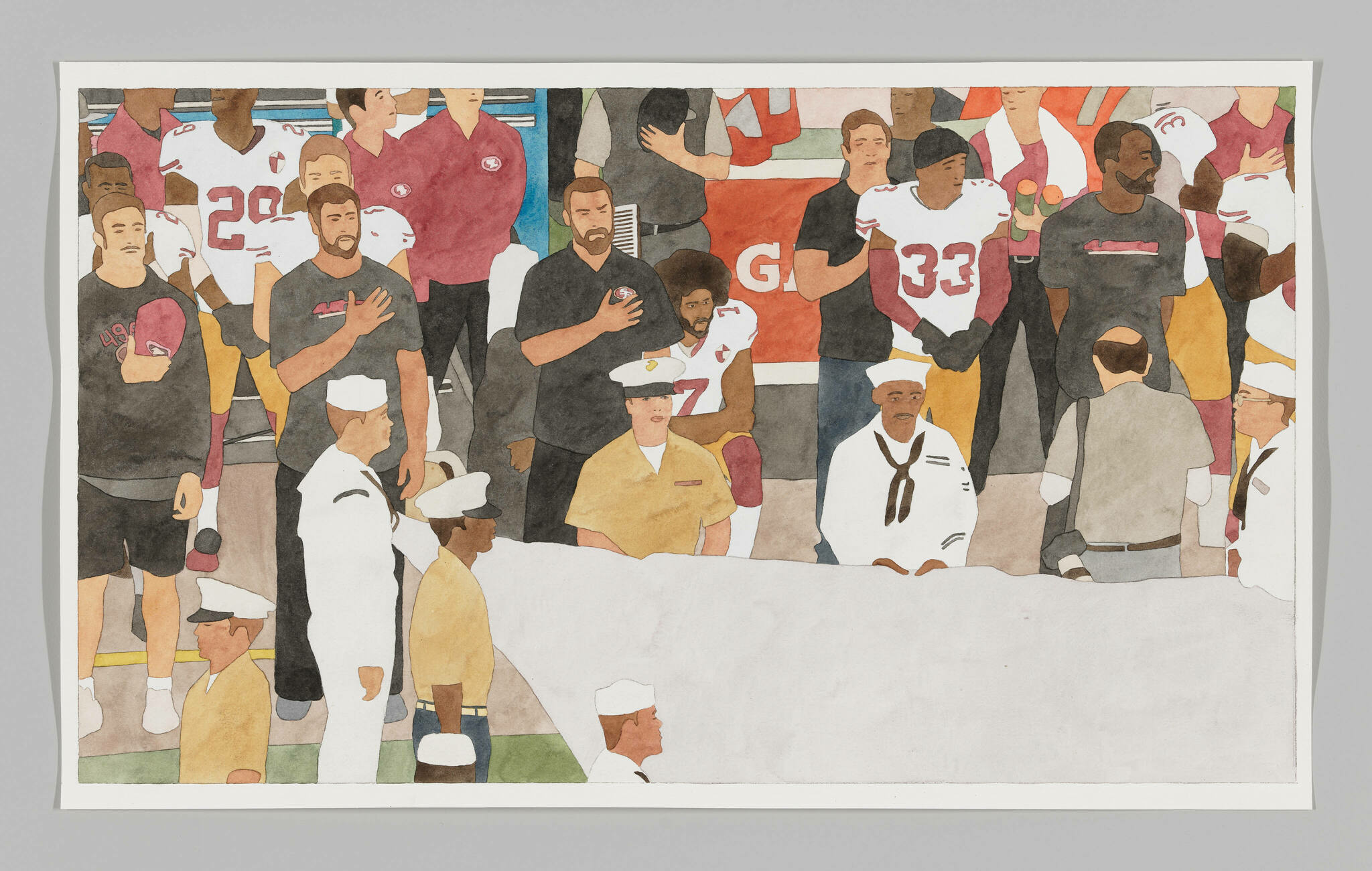 Black football player Colin Kaepernick kneels on the sidelines among standing teammates and servicemen