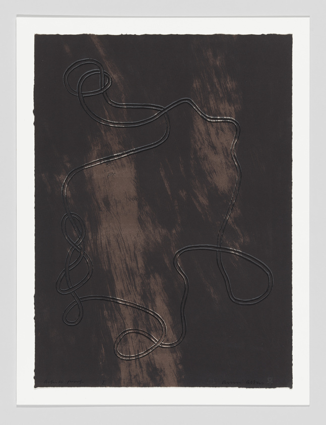 A single black line loops and curves across a dark, textured background with no other objects or text.
