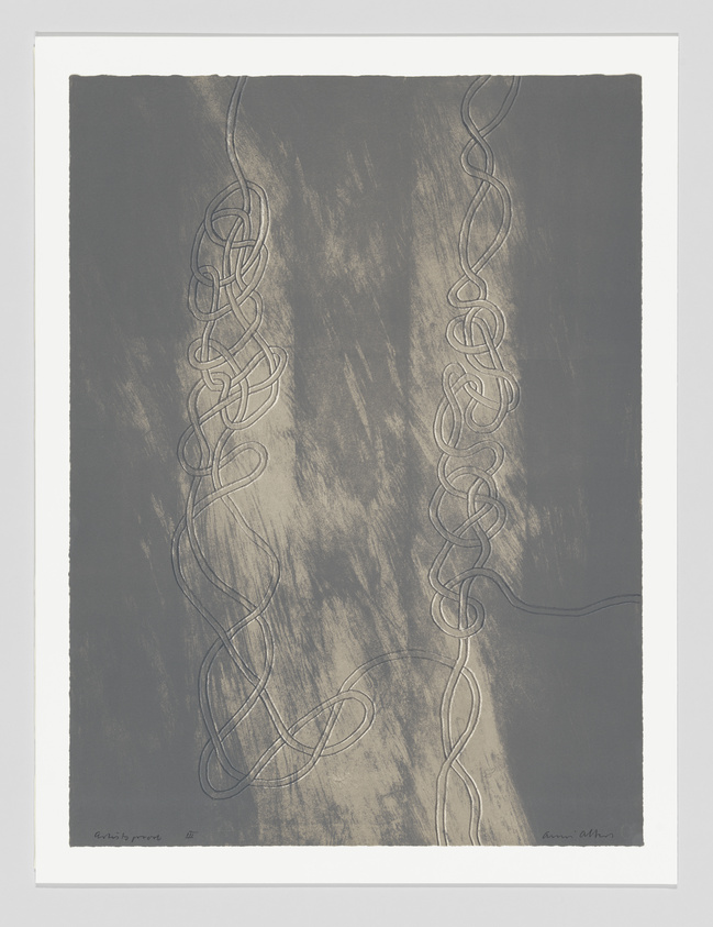 Two long, tangled lines run vertically on a gray background with lighter streaks behind them.