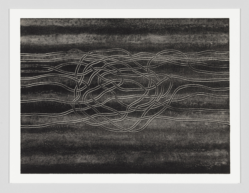 Several thin, white lines twist and overlap in a tangled knot against a dark, textured background.