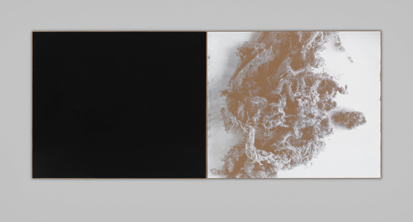 A two-panel artwork with the left side completely black and the right side featuring a textured, satellite-like image of a landscape in sepia tones.