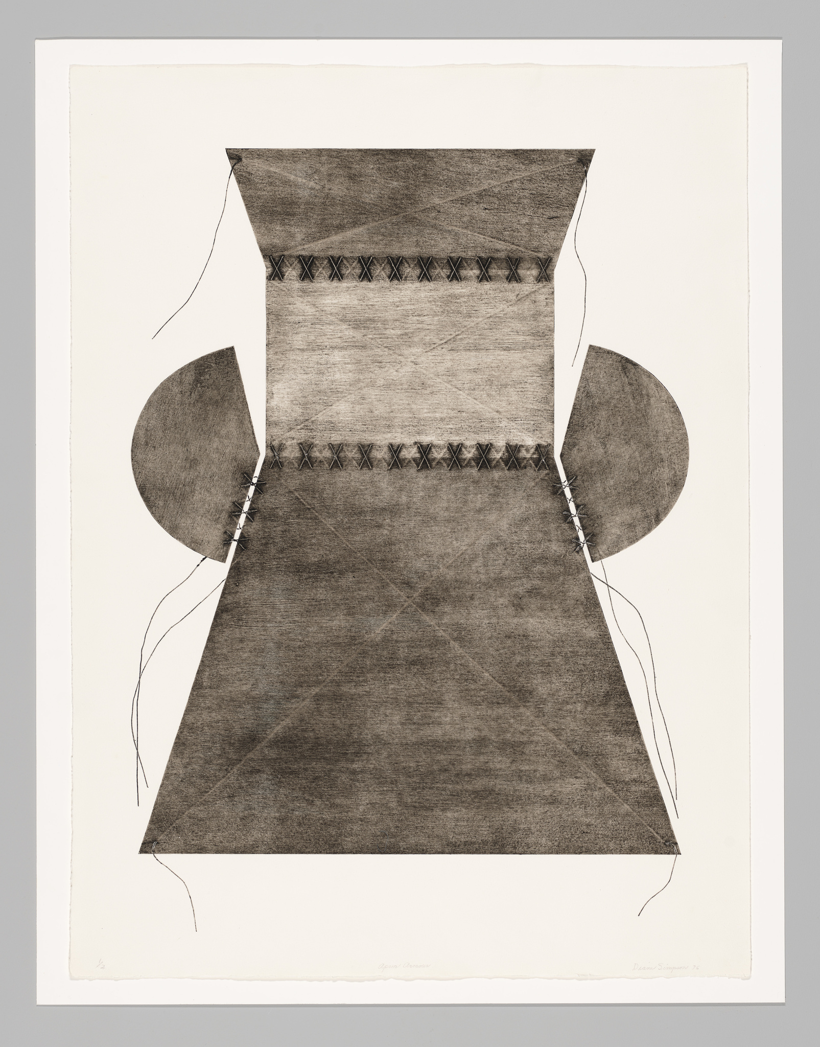 A monochromatic abstract artwork depicting a geometric figure resembling a stylized garment or armor, with a central rectangular body flanked by two circular shapes at the sides, and adorned with patterned bands and loose threads along the edges. The piece is presented on a white background and signed by the artist at the bottom.